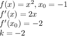 f(x)=x^2, x_0=-1\\
f'(x)=2x\\
f'(x_0)=-2\\
k = -2