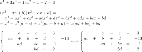 x^4+3x^3-13x^2-x+2=0\\\\
(x^2+ax+b)(x^2+cx+d)=\\=x^4+ax^3+cx^3+acx^2+dx^2+bx^2+adx+bcx+bd=\\
=x^4+x^3(a+c)+x^2(ac+b+d)+x(ad+bc)+bd\\\\
\left\{\begin{matrix}&&a &+ &c &=&3\\ &ac&+&b &+ &d &= &-13 \\&&ad & +& bc&=& -1\\ 
 &&&&bd&= &2 
\end{matrix}\right.\Longleftrightarrow \left\{\begin{matrix} &&a &= &c &-&3 \\ 
 ac&+&b &+ &d &= &-13 \\&&ad& +& bc&=& -1\\ 
 &&&&bd &= &2 
\end{matrix}\right.
