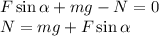 F\sin\alpha+mg-N = 0\\
N = mg+F\sin\alpha