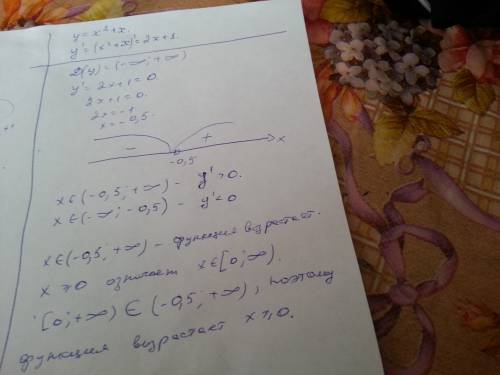 Как доказать, что функция у=x^2 + x -является возрастающей при x больше или равно 0