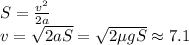 S = \frac{v^2}{2a}\\
v = \sqrt{2aS} = \sqrt{2\mu g S} \approx 7.1