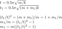 t = 0.5\pi\sqrt{m/k}\\
t_1 = 0.5\pi\sqrt{(m+m_1)k}\\\\
(t_1/t)^2 = (m+m_1)/m = 1+m_1/m\\
m_1/m = (t_1/t)^2-1\\
m_1 = m((t_1/t)^2-1)