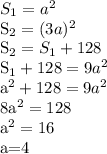 S_1 = a^2

S_2 = (3a)^2

S_2 = S_1 + 128

S_1 + 128 = 9a^2

a^2 + 128 = 9a^2

8a^2 = 128

a^2 = 16

a=4