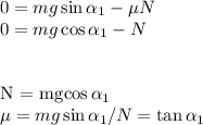 0 = mg\sin\alpha_1 - \mu N\\
0 = mg\cos\alpha_1 - N\\\\

N = mg\cos\alpha_1\\
\mu = mg\sin\alpha_1/N = \tan\alpha_1