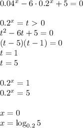 0.04^x-6\cdot0.2^x+5=0\\\\
0.2^x=t\ \textgreater \ 0\\
t^2-6t+5=0\\
(t-5)(t-1)=0\\
t=1\\
t=5\\\\
0.2^x=1\\
0.2^x=5\\\\
x=0\\
x=\log_{0.2}5