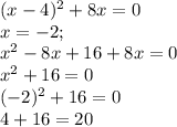(x-4)^2 + 8x = 0 \\ x=-2; \\ 
x^2-8x+16+8x=0 \\
x^2+16=0 \\
(-2)^2+16=0 \\ 
4 + 16 = 20