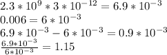 2.3*10^9*3*10^{-12}=6.9*10^{-3} \\ 
0.006=6*10^{-3} \\ 
6.9*10^{-3}-6*10^{-3}=0.9*10^{-3} \\ 
 \frac{6.9*10^{-3}}{6*10^{-3}} =1.15 \\