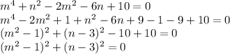 m^4 + n^2 - 2m^2 - 6n + 10 = 0 \\ 
m^4 - 2m^2+1+n^2-6n+9-1-9+10=0 \\ 
(m^2-1)^2+(n-3)^2-10+10=0 \\ 
(m^2-1)^2+(n-3)^2=0