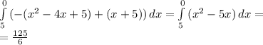 \int\limits^0_5 {(-(x^2-4x+5)+(x+5))} \, dx = \int\limits^0_5 {(x^2-5x)} \, dx = \\ 
= \frac{125}{6}