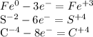 Fe^{0}-3e^{-}=Fe^{+3}

S^{-2}-6e^{-}=S^{+4}

C^{-4}-8e^{-}=C^{+4}