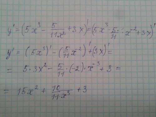 Найти производную: y=5x^3-5/11x^2+3x