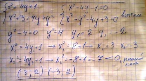 Решите систему уравнений: {x^2=4y+1, x^2+3=4y+y^2. обозначения: 1){ - знак системы ур., 2) x^2 - икс