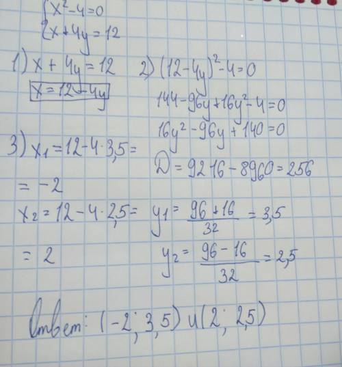 Решить систему уравнений x²-4=0 x+4y=12