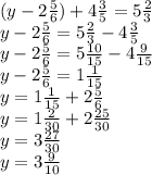 (y-2 \frac{5}{6} )+4 \frac{3}{5} =5 \frac{2}{3} \\
y-2 \frac{5}{6} = 5 \frac{2}{3} - 4 \frac{3}{5}\\
y-2 \frac{5}{6} = 5 \frac{10}{15} - 4 \frac{9}{15}\\
y-2 \frac{5}{6} = 1 \frac{1}{15} \\
y = 1 \frac{1}{15} + 2 \frac{5}{6}\\
y = 1 \frac{2}{30} + 2 \frac{25}{30}\\
y = 3 \frac{27}{30} \\
y = 3 \frac{9}{10}