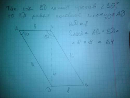 Найдите площадь параллелограма abcd если угол b=150° угол a=30° ab=8 см bc=16