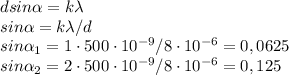 dsin \alpha =k\lambda
\\
sin \alpha =k\lambda/d
\\
sin \alpha _1=1\cdot 500 \cdot 10^{-9}/8\cdot 10^{-6}=0,0625 \\ sin \alpha _2=2\cdot 500 \cdot 10^{-9}/8\cdot 10^{-6}=0,125