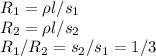 R_1=\rho l/s_1\\
R_2=\rho l/s_2\\
R_1/R_2=s_2/s_1=1/3