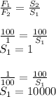 \frac{F_1}{F_2}=\frac{S_2}{S_1}\\\\
\frac{100}{1}=\frac{100}{S_1}\\
S_1=1\\\\
\frac{1}{100}=\frac{100}{S_1}\\
S_1=10000
