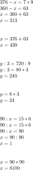 376-x=7*9\\
360-x=63\\
x=360+63\\
x=313\\\\\\
x=376+63\\
x=439\\\\\\\
y:3=720:9\\
y:3=80*3\\
y=240\\\\\\y=8*3\\y=24\\\\\\
90:x=15*6\\90 : x =15 *6\\
90 : x =90\\
x= 90 : 90\\
x=1\\\\\\
x=90*90\\x=8100