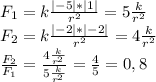 F_1=k\frac{|-5|*|1|}{r^2}=5\frac{k}{r^2}\\
F_2=k\frac{|-2|*|-2|}{r^2}=4\frac{k}{r^2}\\
\frac{F_2}{F_1}=\frac{4\frac{k}{r^2}}{5\frac{k}{r^2}}=\frac{4}{5}=0,8