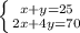 
 \left \{ {x+y=25} \atop {2x+4y=70}} \right. 
