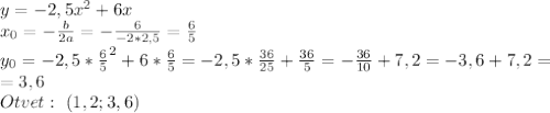 y=-2,5x^2+6x\\
x_0=- \frac{b}{2a} =- \frac{6}{-2*2,5} = \frac{6}{5} \\
y_0=-2,5*\frac{6}{5}^2+6*\frac{6}{5}=-2,5*\frac{36}{25}+\frac{36}{5}=-\frac{36}{10}+7,2=-3,6+7,2=\\=3,6\\Otvet: \ (1,2;3,6)