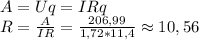 A=Uq=IRq\\
R=\frac{A}{IR}=\frac{206,99}{1,72*11,4}\approx 10,56