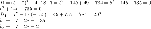 D=(b+7)^2-4\cdot28\cdot7=b^2+14b+49-784=b^2+14b-735=0
\\\
b^2+14b-735=0
\\\
D_1=7^2-1\cdot(-735)=49+735=784=28^8
\\\
b_1= -7-28=-35
\\\
b_2= -7+28=21