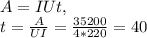 A=IUt, \\
t= \frac{A}{UI} = \frac{35200}{4*220} =40
