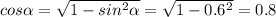 cos \alpha = \sqrt{1-sin^{2} \alpha } = \sqrt{1-0.6^{2}}=0.8
