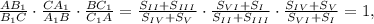 \frac{AB_1}{B_1C}\cdot \frac{CA_1}{A_1B}\cdot \frac{BC_1}{C_1A}=
\frac{S_{II}+S_{III}}{S_{IV}+S_{V}}\cdot 
\frac{S_{VI}+S_{I}}{S_{II}+S_{III}}\cdot
\frac{S_{IV}+S_{V}}{S_{VI}+S_{I}}=1,