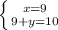 \left \{ {{x=9} \atop {9+y=10}} \right.