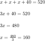 x + x + x + 40 = 520 \\ 
\\ 
3x + 40 = 520
 \\ \\ 
3x = 480
\\ \\
x = \frac{480}{3} = 160