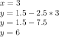 x=3 \\
y=1.5-2.5*3 \\
y=1.5-7.5 \\
y=6