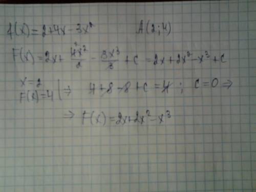Найти первообразную функции f(x) = 2 +4x - 3x² в точке а(2,4).