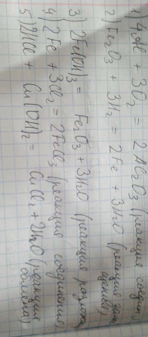 Расставьте коэффициенты в схемах реакций укажите их тип 1)al+o2=al2o3 2)fe2o3+h2=fe+h2o 3)fe(oh)3=fe