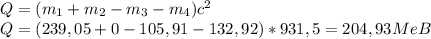 Q=(m_1+m_2-m_3-m_4)c^2\\
Q=(239,05+0-105,91-132,92)*931,5=204,93MeB