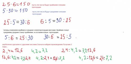 (дундук дундуком) составьте из чисел 25; 6; 5; 30 верную пропорцию составьте из чисел 2,4; 4,2; 7,2