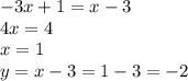 -3x+1=x-3 \\ 
4x=4 \\ 
x=1 \\ 
y=x-3=1-3=-2