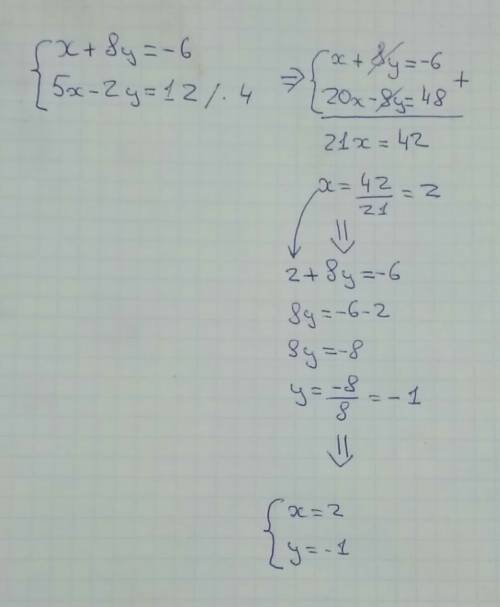 Решить систему уравнений : {x+8y=-6 {5x-2y=12