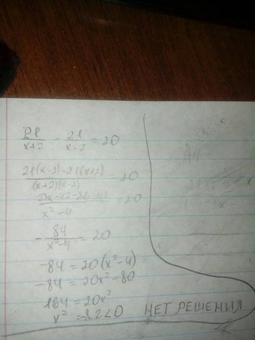 21: (х+2)-21: (х-2)=20 решите квадратное уравнение
