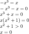 -x^3=x \\
-x^3-x=0 \\
x^3+x=0 \\
x(x^2+1)=0 \\
x^2+1 \ \textgreater \ 0 \\
x=0