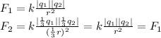 F_1=k\frac{|q_1||q_2|}{r^2}\\
F_2=k\frac{ |\frac{1}{3}q_1||\frac{1}{3}q_2| }{(\frac{1}{3}r)^2}=k\frac{|q_1||q_2|}{r^2}=F_1