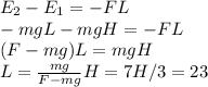E_2-E_1 = -FL\\
-mgL - mgH = -FL\\
(F-mg)L = mgH\\
L = \frac{mg}{F-mg}H = 7H/3 = 23