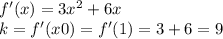 f'(x)=3x^2+6x\\
k=f'(x0)=f'(1)=3+6=9

