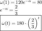 \omega(1)=120e^{-\alpha}=80\\
e^{-\alpha}=\dfrac23\\
\boxed{\omega(t)=180\cdot\left(\dfrac23\right)^t}