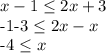 \displaystyle x-1 \leq 2x+3

-1-3 \leq 2x-x

-4 \leq x