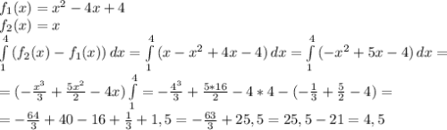 f_1(x)=x^2-4x+4
\\f_2(x)=x
\\ \int\limits^4_1 {(f_2(x)-f_1(x))} \, dx= \int\limits^4_1 {(x-x^2+4x-4)}\, dx=\int\limits^4_1 {(-x^2+5x-4)}\, dx=
\\=( -\frac{x^3}{3} + \frac{5x^2}{2}-4x)\int\limits^4_1=-\frac{4^3}{3} + \frac{5*16}{2}-4*4-(-\frac{1}{3} + \frac{5}{2}-4)=
\\=-\frac{64}{3} + 40-16+\frac{1}{3} +1,5=-\frac{63}{3}+25,5=25,5-21=4,5