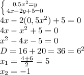 \left \{ {0,5x^2=y} \atop {4x-2y+5=0}} \right. 
\\4x-2(0,5x^2)+5=0
\\4x-x^2+5=0
\\x^2-4x-5=0
\\D=16+20=36=6^2
\\x_1= \frac{4+6}{2}=5
\\x_2=-1