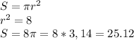 S=\pi r^2
\\r^2=8
\\S=8\pi=8*3,14=25.12